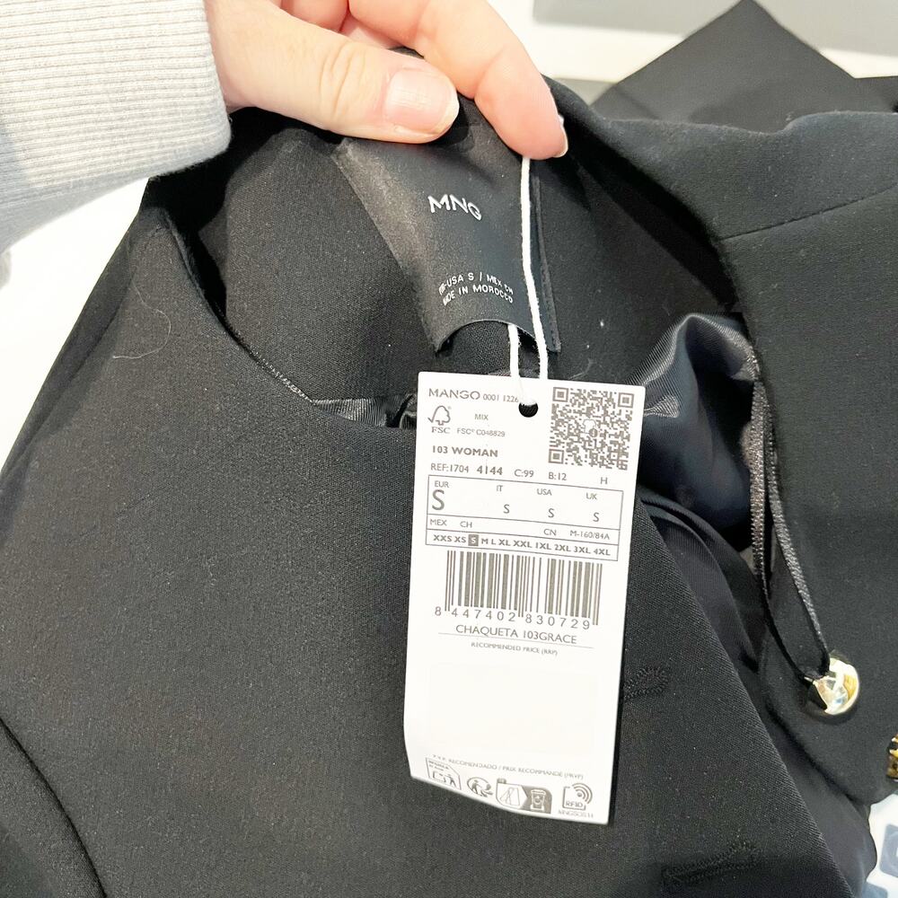 Mango MNG Grace Long Sleeve Collarless Crop Blazer Jacket Black Small - Picture 2 of 4